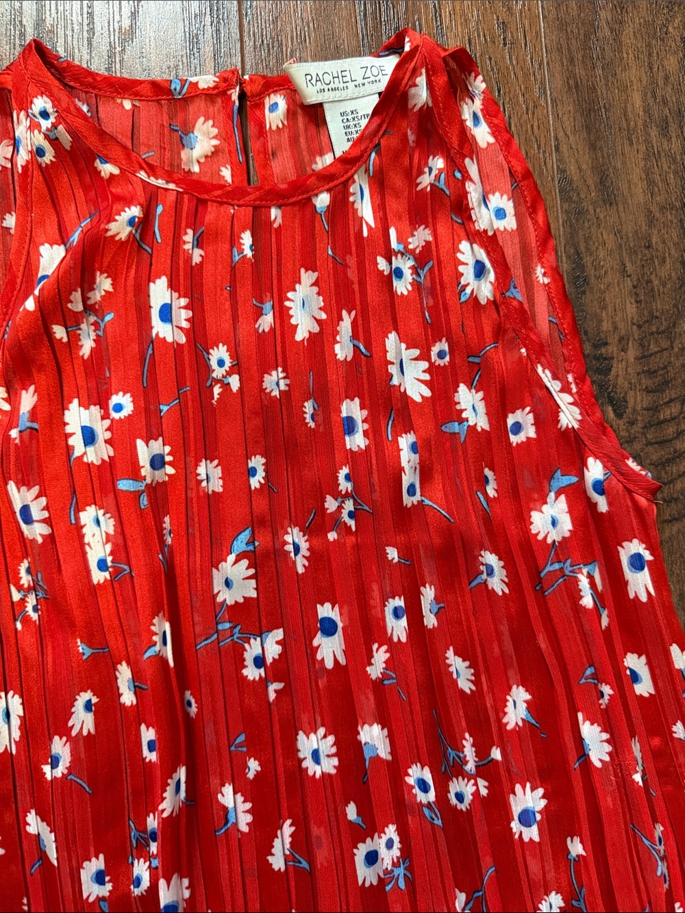 Rachel Zoe Red Floral Pleated Blouse with Blue and White Accents - Picture 3 of 4